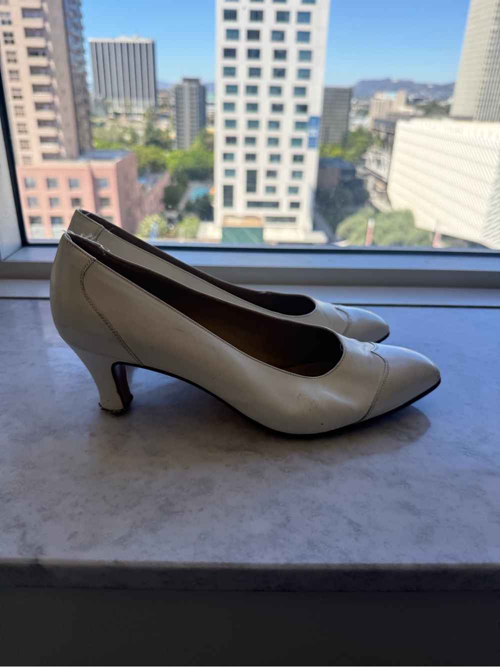 Salvatore Ferragamo White Pointed-Toe Mid Heel Pumps